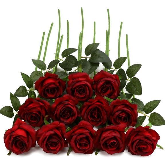 Artificial Roses Silk Flowers Fake Roses Bouquet Long Stem for Home Wedding Decoration Party (Wine)