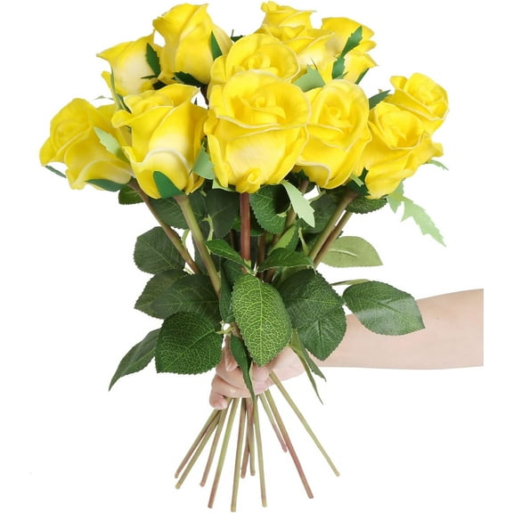 Artificial Roses Yellow Flowers Real Touch Roses Yellow Fake Flowers Faux Roses for Floral Arrangement Wedding Bouquet Flower Centerpieces Home Table Indoor Decor (Yellow)