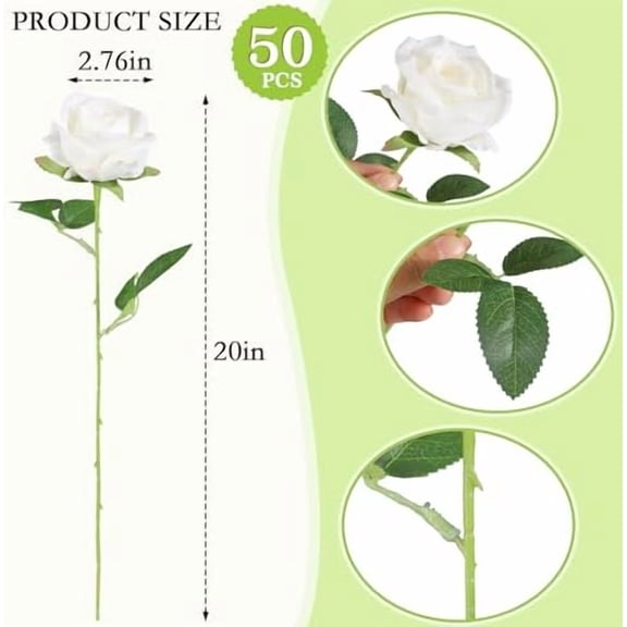 Artificial Roses in Bulk, Fake Velvet Silk Roses Realistic Rose for Wedding Centerpieces Flower Arrangement Home Decor (50, White)
