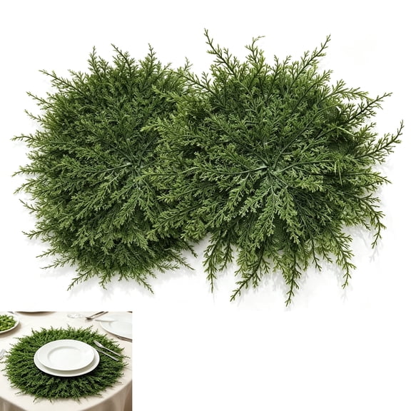 Artificial Round Cedar Branch Placemats, 2 Pack 15.7in Faux Evergreen Table Centerpiece Mats, Green Cedar Greenery Table Runners for Christmas Dinner, Holiday, Wedding, Farmhouse Table Decor
