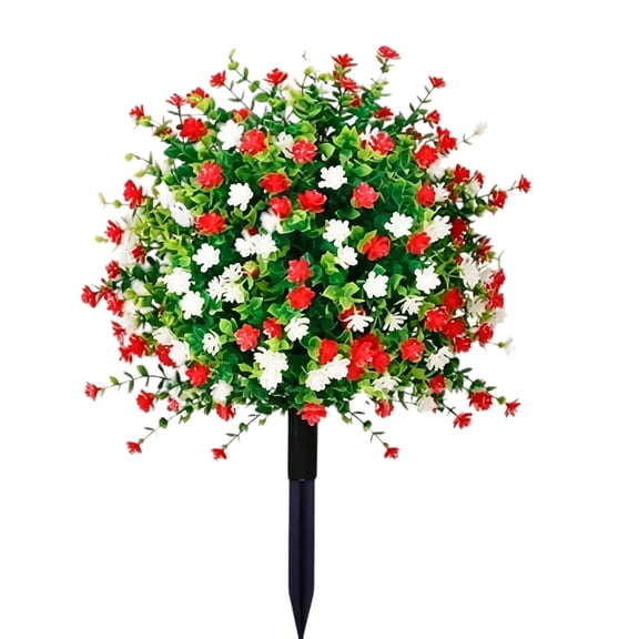 Artificial Round Flower Topiary Stake, 23.62 Inch Red White Mixed Bloom Fake Bush with Ground Spike for Yard Patio Home Table Outdoor Landscape Decor