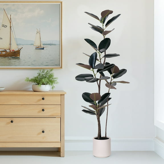 Yepdin Artificial Rubber Tree - 6 Ft Tall Fake Tree with Black Pot
