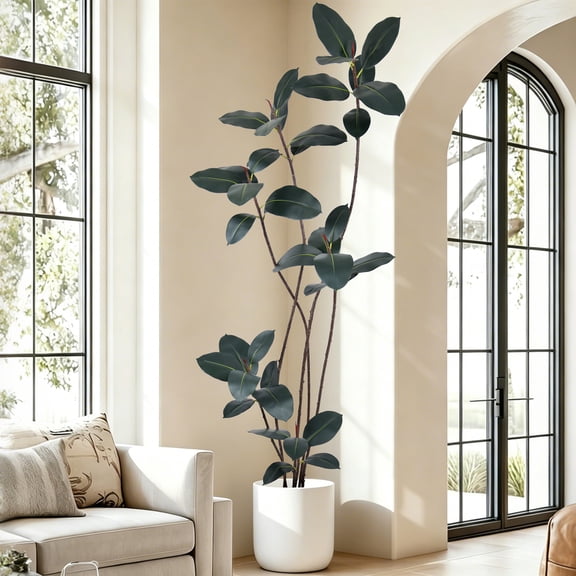 Artificial Rubber Tree 7FT - Tall Faux Plant with Realistic Branches & Lifelike Leaves, 84" Fake Tropical Tree in Black Pot for Home Office Porch Decoration