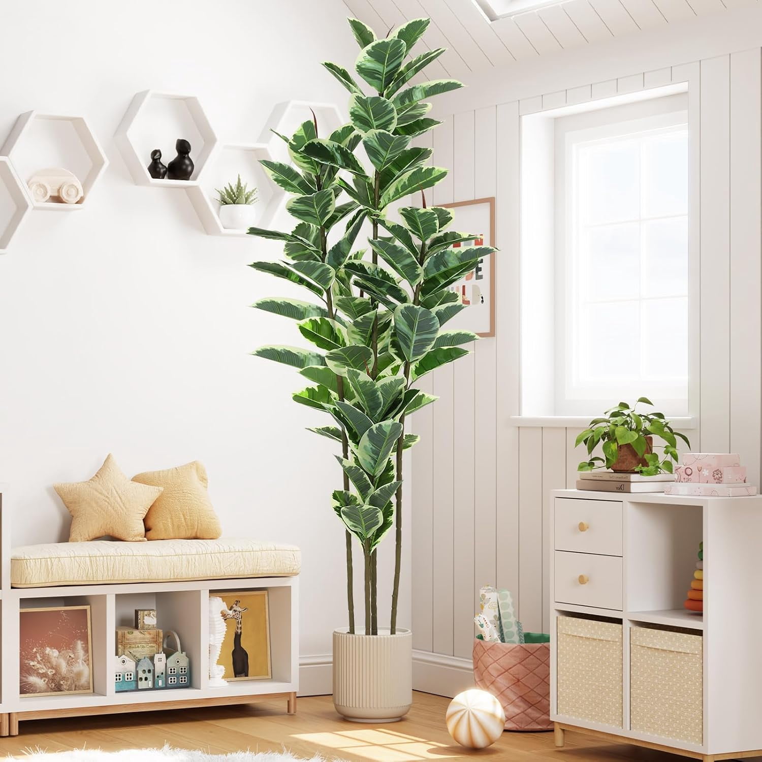 Artificial Rubber Tree Plant 7ft Tall Faux Rubber Plant with Pot Faux ...