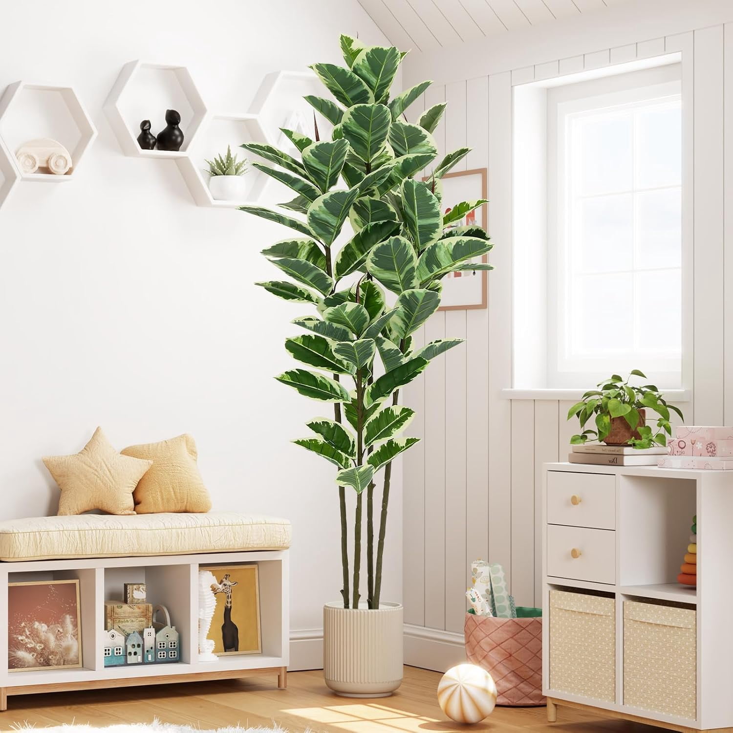 Artificial Rubber Tree Plant 7ft Tall Faux Rubber Plant with Pot Faux ...
