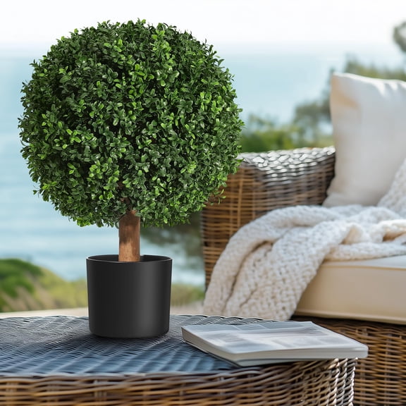 Artificial Set of 2 Boxwood Topiary Ball Trees 23.62" with Black Nursery Pot, UV Resistant Faux Boxwood Plants Into Anywhere, Evergreen Shrubs Bushes for Room Front Porch Garden Backyard Decor