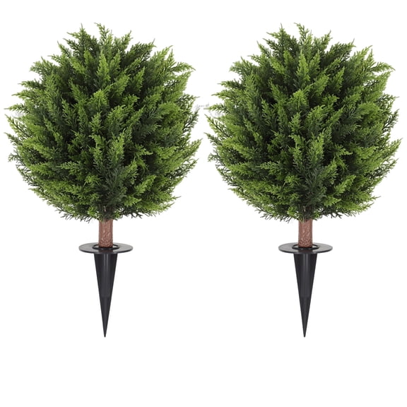 Artificial Set of 2 Cedar Topiary Ball Trees 21" for Outdoors with Ground Spike, UV Resistant Faux Cypress Plants into Anywhere, Evergreen Shrubs Bushes for Room Front Porch Garden Backyard Decor