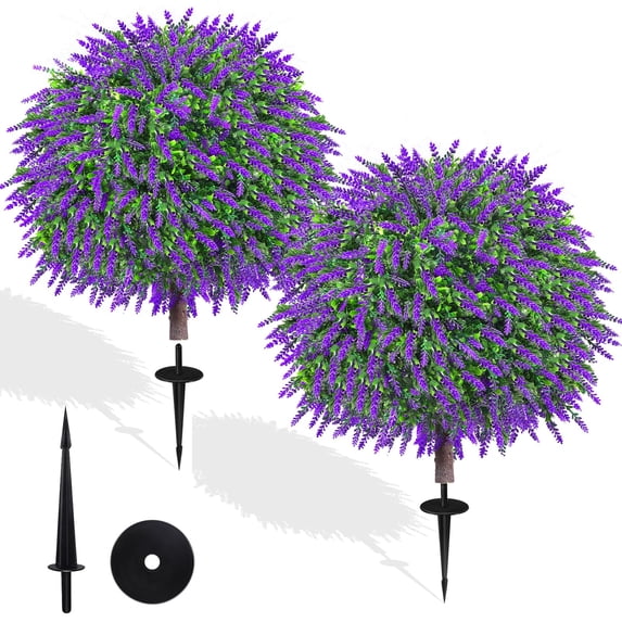 Set of 2 Artificial Boxwood Topiary Ball with Lavender Flowers, UV Resistant Faux Bushes with Ground Spike, Indoor Outdoor Porch Garden Decor