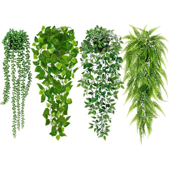 Artificial   for Shelf, 4 Pack  Potted Greenery  Faux Mandala Vine, String of , Ivy Vine,Persian Grass Fern in Pot for Desk  Bathroom  Room Table Decor