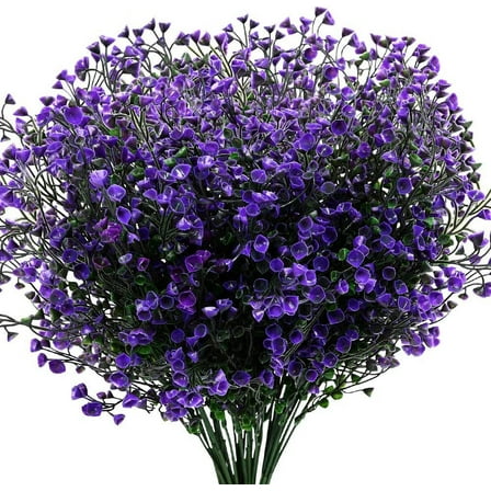 Artificial Shrubs Bushes 4 Pack Fake Outdoor UV Resistant Plants Flowers, Faux Plastic Bell Leaves Greenery for Indoor Outside Hanging Planter Home Office Wedding Farmhouse Decor (Purple)