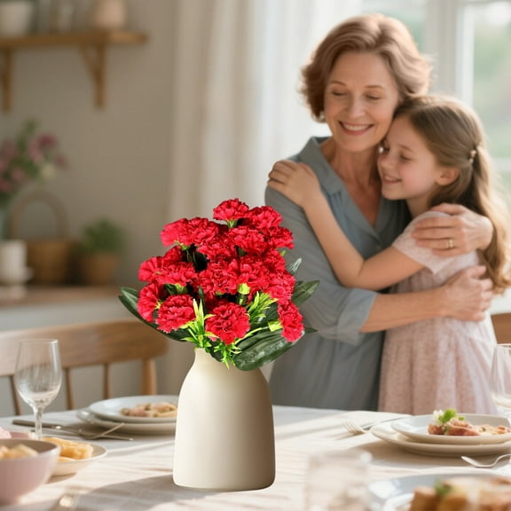 Artificial Silk Carnation Bouquet - Realistic Full Bloom Floral Arrangement for Home Decor, Mother's Day, Party, Wedding, Table Centerpiece, Durable Plastic Flowers with Silk Leaves & Grass Decor