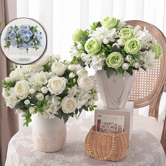 Artificial Silk Flower Bouquet – Realistic Peony & Rose Arrangement with Greenery (12 Inch) – Bendable Stem Fake Flowers for Wedding Centerpieces, Home Decor, Office & Party