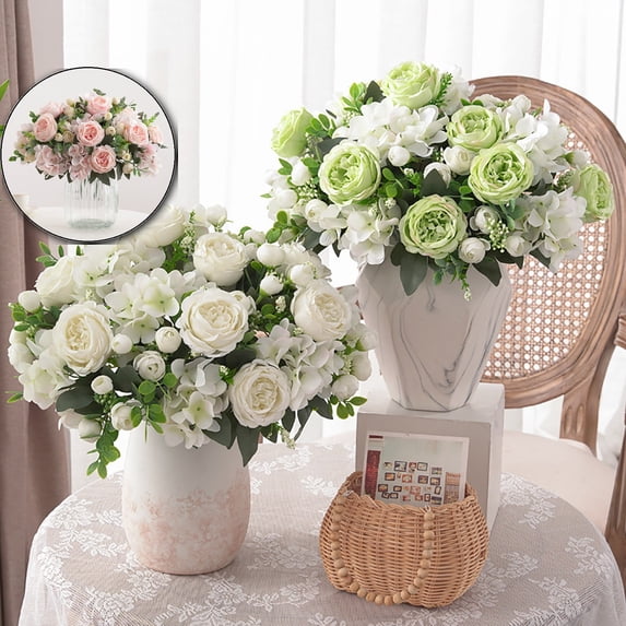 Artificial Silk Flower Bouquet – Realistic Peony & Rose Arrangement with Greenery (12 Inch) – Bendable Stem Fake Flowers for Wedding Centerpieces, Home Decor, Office & Party