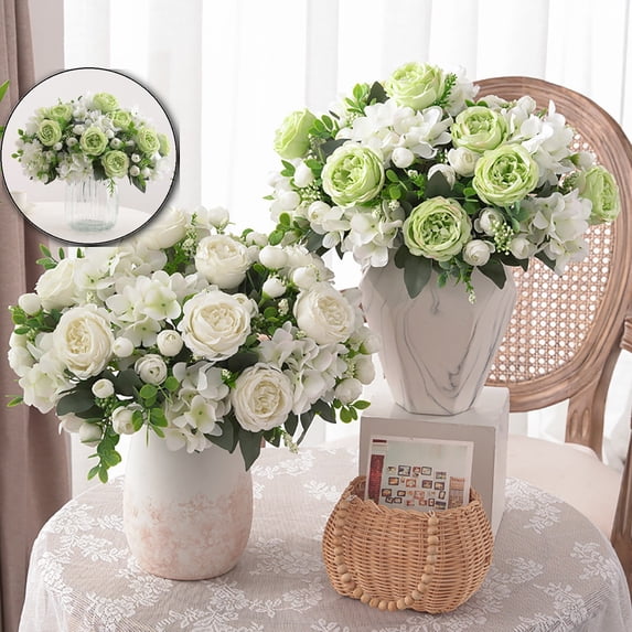 Artificial Silk Flower Bouquet – Realistic Peony & Rose Arrangement with Greenery (12 Inch) – Bendable Stem Fake Flowers for Wedding Centerpieces, Home Decor, Office & Party