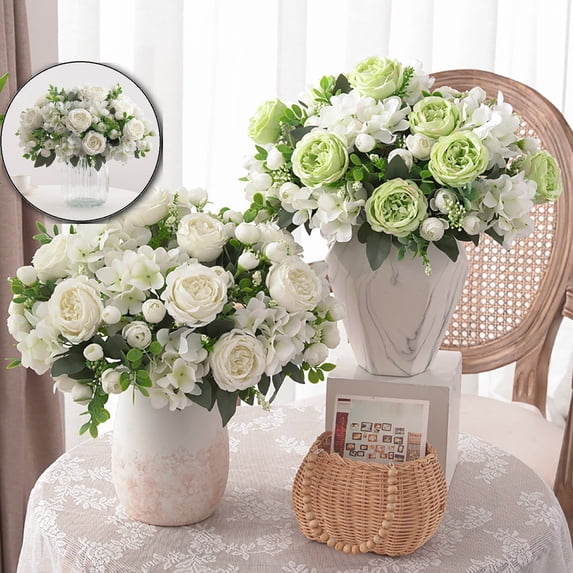 Artificial Silk Flower Bouquet – Realistic Peony & Rose Arrangement with Greenery (12 Inch) – Bendable Stem Fake Flowers for Wedding Centerpieces, Home Decor, Office & Party