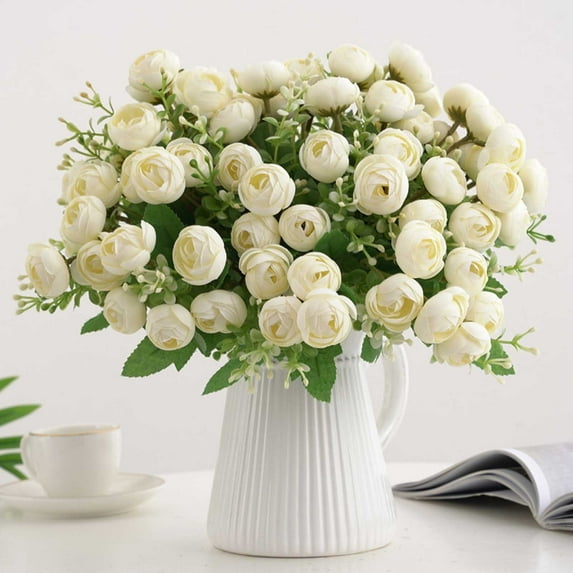 Artificial Silk Flower Bouquet, Realistic Unreal Flowers for Wedding Home Decor, Bridal Centerpiece, Vase Fillers(White)