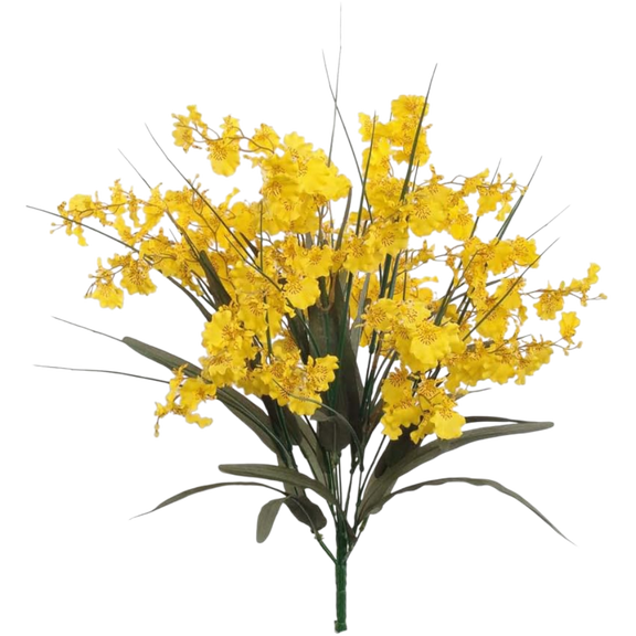 Artificial Silk Flower Bush Dancing Yellow Orchids, 25" Tall & 17" Wide, 12 Sprays