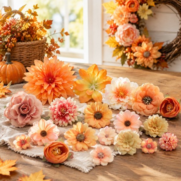 Artificial Silk Flower Heads Orange Fall Assorted Faux in Multiple Sizes for Crafts, Thanksgiving and Halloween Wreath Decor