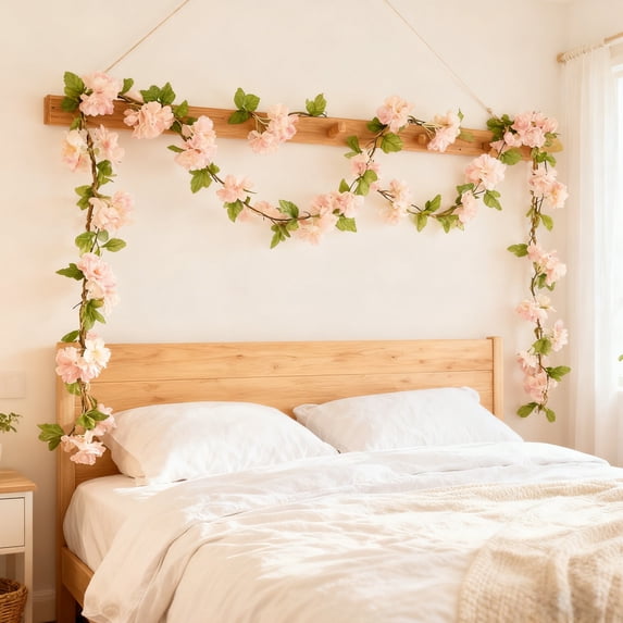 Artificial Silk Flower Wall Garland with 18 Blooms, Flexible Hanging Vine Decoration – Adjustable Botanical Strand for Home Wedding Party Shelf Balcony Backdrop or Photo Booth Setup
