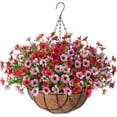 thumbnail image 1 of Artificial Silk Flowers Hanging Basket for Outdoor Indoor, Daisy with Eucalyptus Leaves Arrangement for Garden Yard Spring Decor, Faux Green Plant in Metal Coconut Lining Pot(Purple Pink), 1 of 6