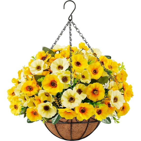 Artificial Silk Flowers Hanging Basket for Outdoor Indoor, Daisy with Eucalyptus Leaves Arrangement for Garden Yard Spring Decor, Faux Green Plant in Metal Coconut Lining Pot(Purple Pink)