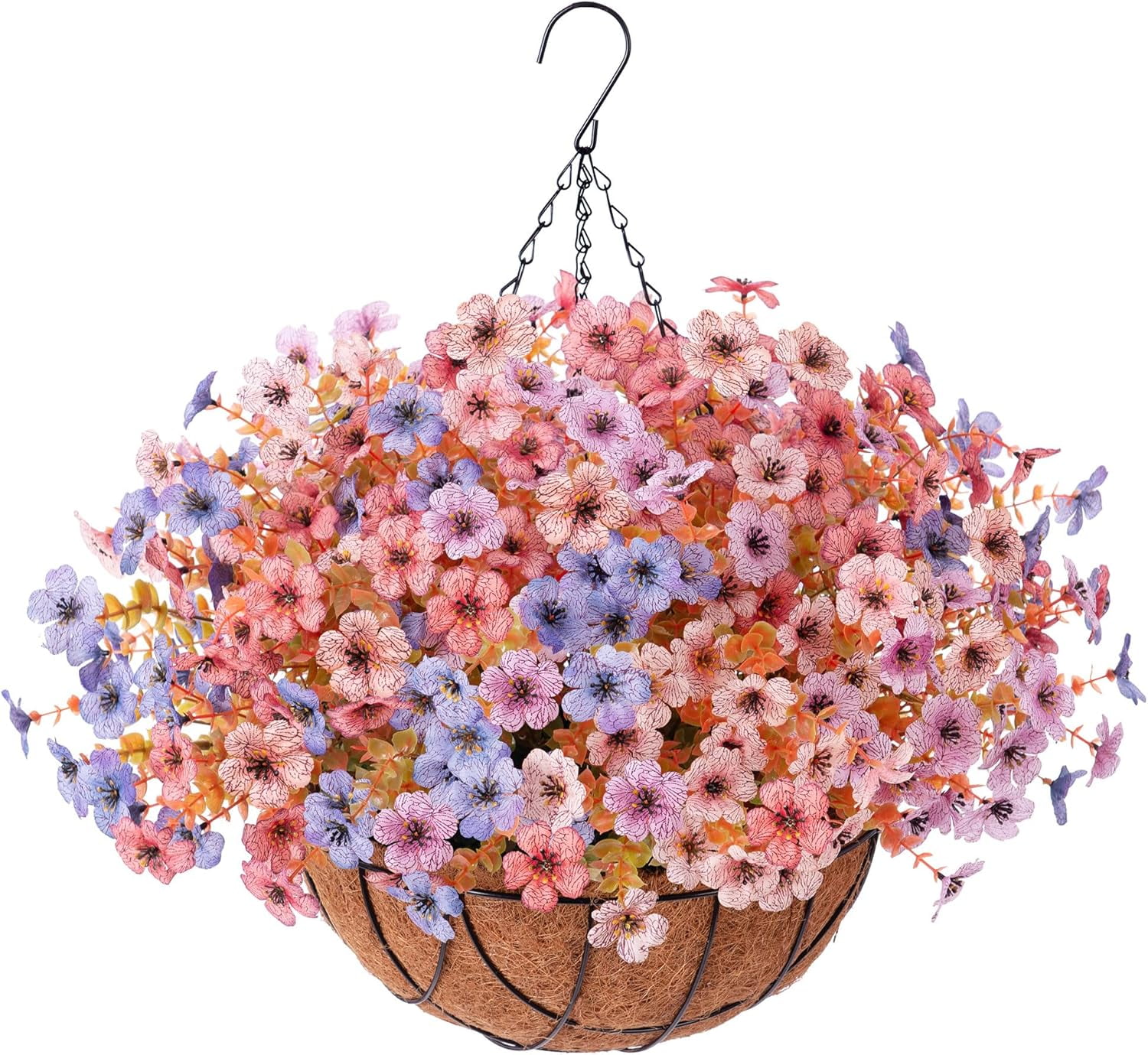 Artificial Silk Flowers Hanging Basket for Outdoor Indoor, Daisy with Eucalyptus Leaves Arrangement for Garden Yard Spring Decor, Faux Green Plant in Metal Coconut Lining Pot(Purple Pink)