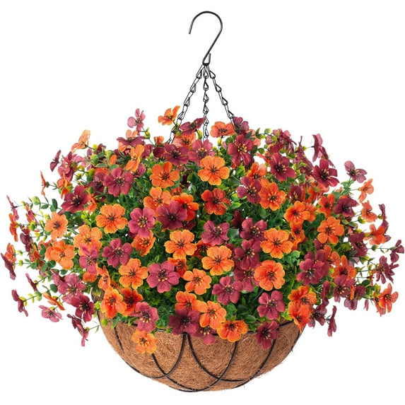 Artificial Silk Flowers Hanging Basket for Outdoor Indoor, Daisy with Eucalyptus Leaves Arrangement for Garden Yard Spring Decor, Faux Green Plant in Metal Coconut Lining Pot