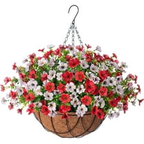 Artificial Silk Flowers Hanging Basket for Outdoor Indoor, Daisy with Eucalyptus Leaves Arrangement for Garden Yard Spring Decor, Faux Green Plant in Metal Coconut Lining Pot