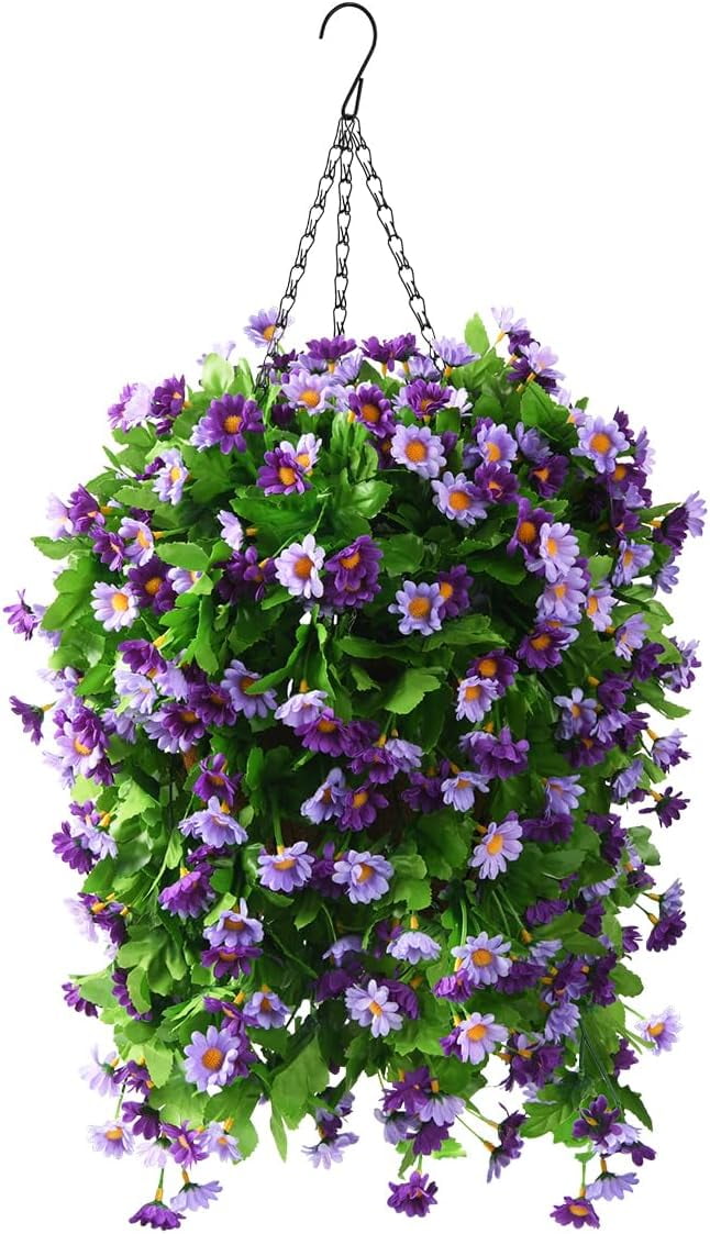 Artificial Silk Flowers in Hanging Basket Outdoor Indoor Garden Decor, Artificial Hanging Plant in Basket, Hanging Daisy Flowers with 12inch Coconut Lining Chain Palm Flowerpot(Pink)