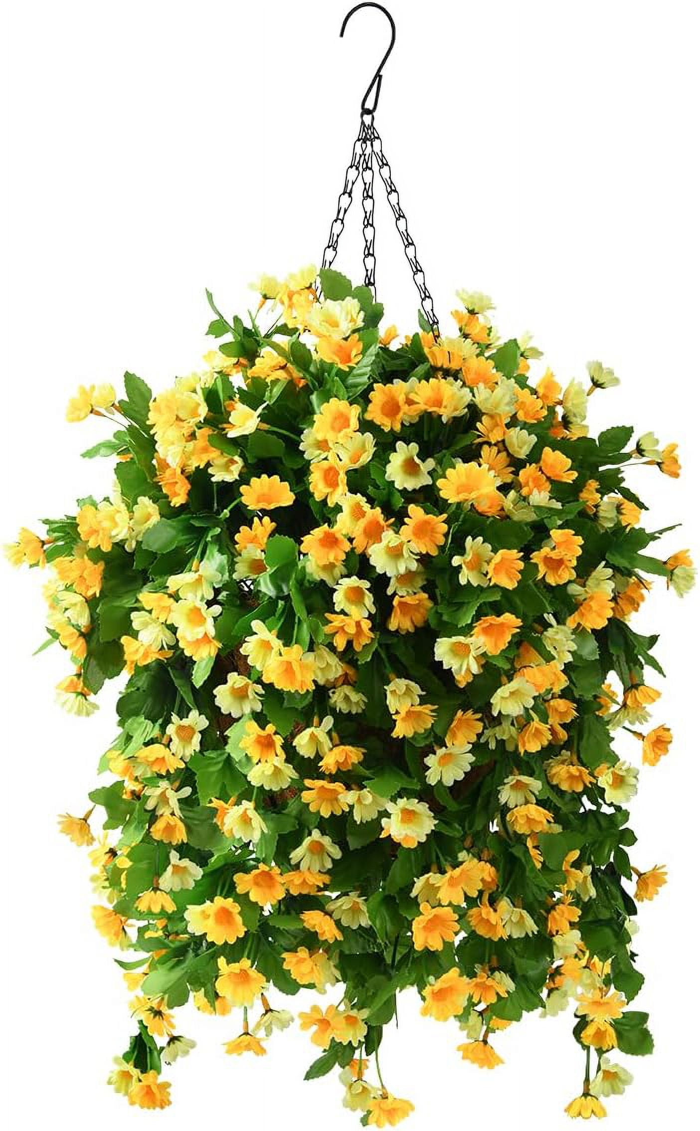 Artificial Silk Flowers in Hanging Basket Outdoor Indoor Garden Decor, Artificial Hanging Plant in Basket, Hanging Daisy Flowers with 12inch Coconut Lining Chain Palm Flowerpot(Pink)