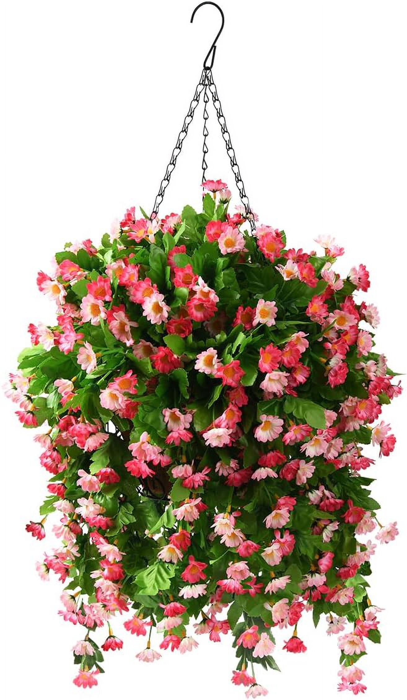 Artificial Silk Flowers in Hanging Basket Outdoor Indoor Garden Decor, Artificial Hanging Plant in Basket, Hanging Daisy Flowers with 12inch Coconut Lining Chain Palm Flowerpot(Pink)