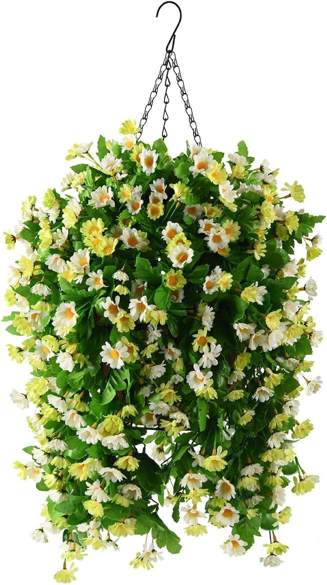 Artificial Silk Flowers in Hanging Basket Outdoor Indoor Garden Decor,Hanging Daisy Flowers with 12inch Coconut Lining Chain Palm Flowerpot(White Green)