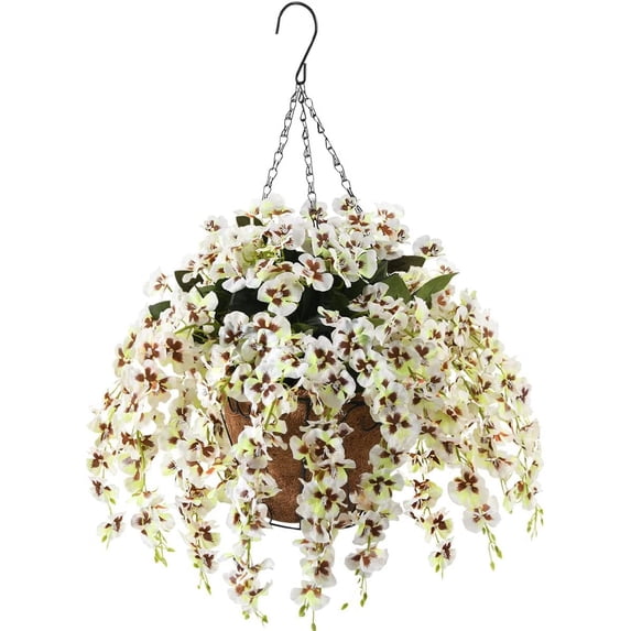 Artificial Silk Flowers in Hanging Basket Outdoor Indoor Patio Lawn Corridor Garden Decor, Fake Hanging Orchid in Basket, Hanging Orchid with 0-inch Coconut Lining Chain Palm Flowerpot(Yellow)