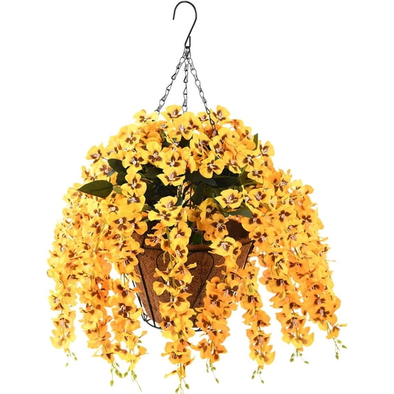 Artificial Silk Flowers in Hanging Basket Outdoor Indoor Patio Lawn Corridor Garden Decor, Fake Hanging Orchid in Basket, Hanging Orchid with 0-inch Coconut Lining Chain Palm Flowerpot(Yellow)