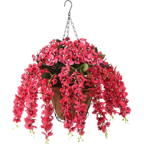 Artificial Silk Flowers in Hanging Basket Outdoor Indoor Patio Lawn Corridor Garden Decor, Fake Hanging Orchid in Basket, Hanging Orchid with 0-inch Coconut Lining Chain Palm Flowerpot(Yellow)