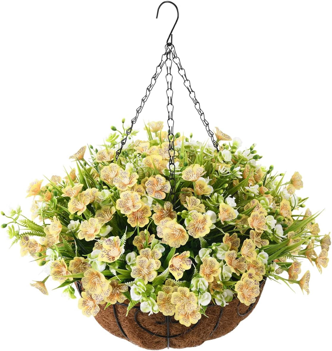 Artificial Silk Flowers in Hanging Basket Outdoor Indoor Patio Lawn Garden Decor, Fake Violet Plant in Basket, 12inch Coconut Lining Chain Palm Flowerpot(Purple Blue)