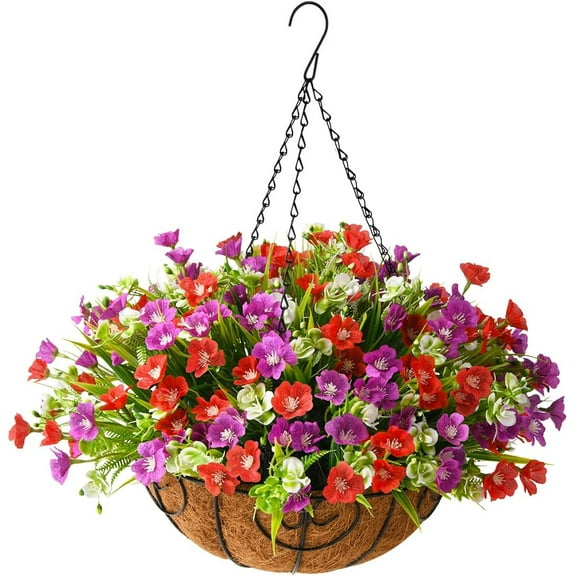 Artificial Silk Flowers in Hanging Basket Outdoor Indoor Patio Lawn Garden Decor, Fake Violet Plant in Basket, 12inch Coconut Lining Chain Palm Flowerpot(Purple Blue)