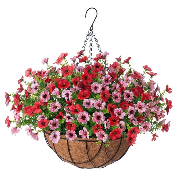 Artificial Silk Flowers Hanging Baskets Outdoors Indoors, Daisy with Eucalyptus Leaves Arrangement