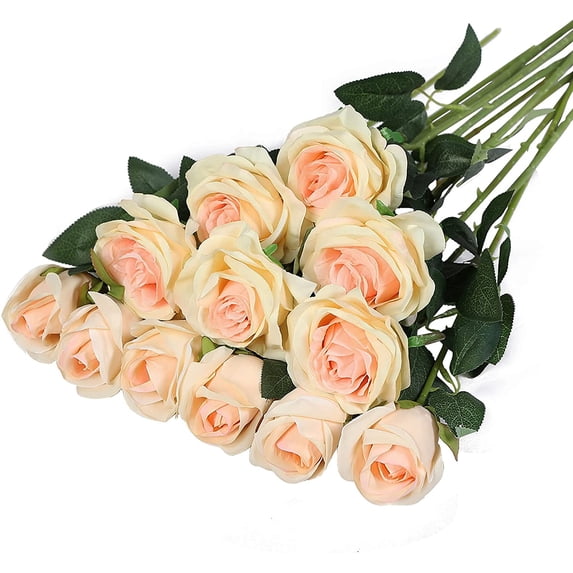 Artificial Silk Flowers Realistic Roses Bouquet Long Stem for Home Wedding Decoration Party (Champagne)