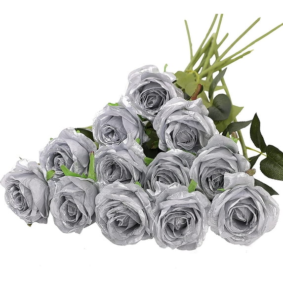 Artificial Silk Flowers Realistic Roses Bouquet Long Stem for Home Wedding Decoration Party (Silver)