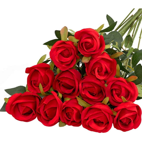 Artificial Silk Flowers Realistic Roses Bouquet Long Stem for Home Wedding Decoration Party (Z-Rose Buds Red)