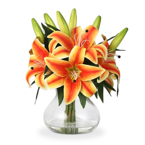 Towallmark Artificial Silk Lily Bouquet with Vase - 6 Realistic Stems for Table Centerpiece & Home Decor