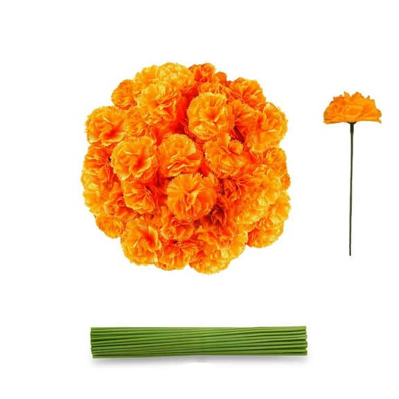 Artificial Silk Marigold,QZS Reusable Faux Flowers,Artificial Marigolds Orange Silk Flowers for Day of the Dead Decoration,2.4x1.6in,60Pcs