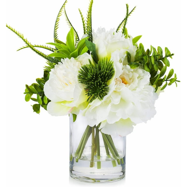 Artificial Silk Peony Faux Flowers Arrangement In Cylinder Glass Vase