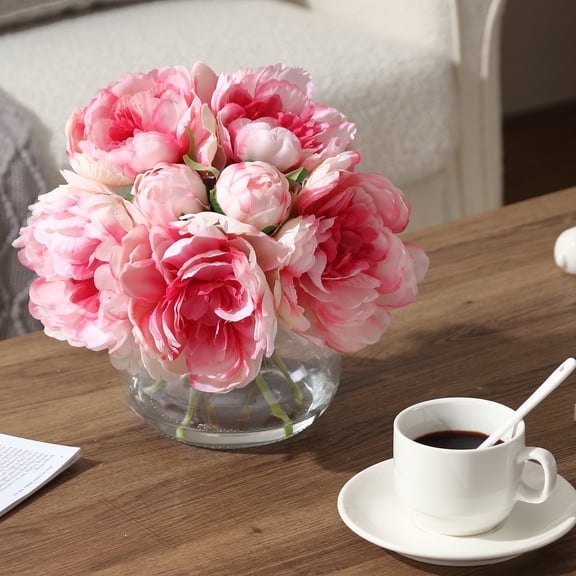 Artificial Silk Peony Flowers in Glass Vase - 10 Inch Faux Peony Arrangement with Faux Water, Realistic Touch, Table Centerpiece for Home, Wedding, Office Decor, pink