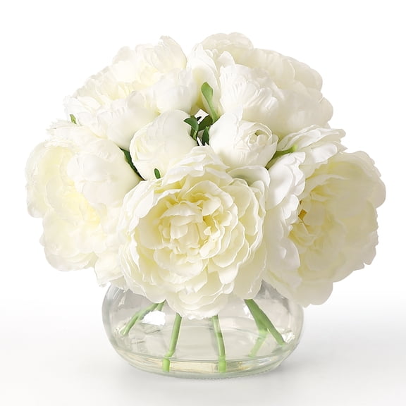 Artificial Silk Peony Flowers in Glass Vase - 10 Inch Faux Peony Arrangement with Faux Water, Realistic Touch, Table Centerpiece for Home, Wedding, Office Decor, white