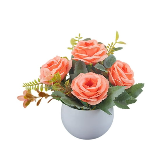 Artificial Silk Potted Flowers for Home Decor, Flexible Stems and Weighted Base, Realistic Polyester Bouquet for Table Centerpiece and Shelf Display in Orange