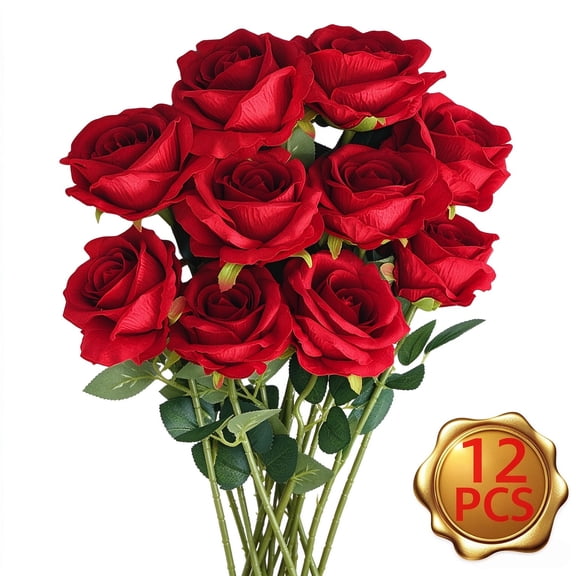 Artificial Silk Red Roses Bouquet, Long Stem Flowers for Home, Wedding, and Party Decorations, 12 Pcs
