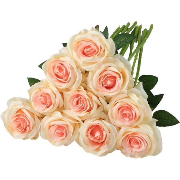 Artificial Silk Rose Flower Bouquet Lifelike Fake Rose for Wedding Home Party Decoration Event Gift 10pcs (Off White)