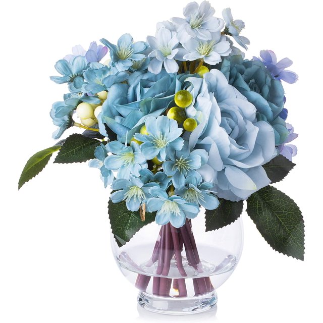 Artificial Silk Rose Flowers Arrangements in Clear Glass Vase for